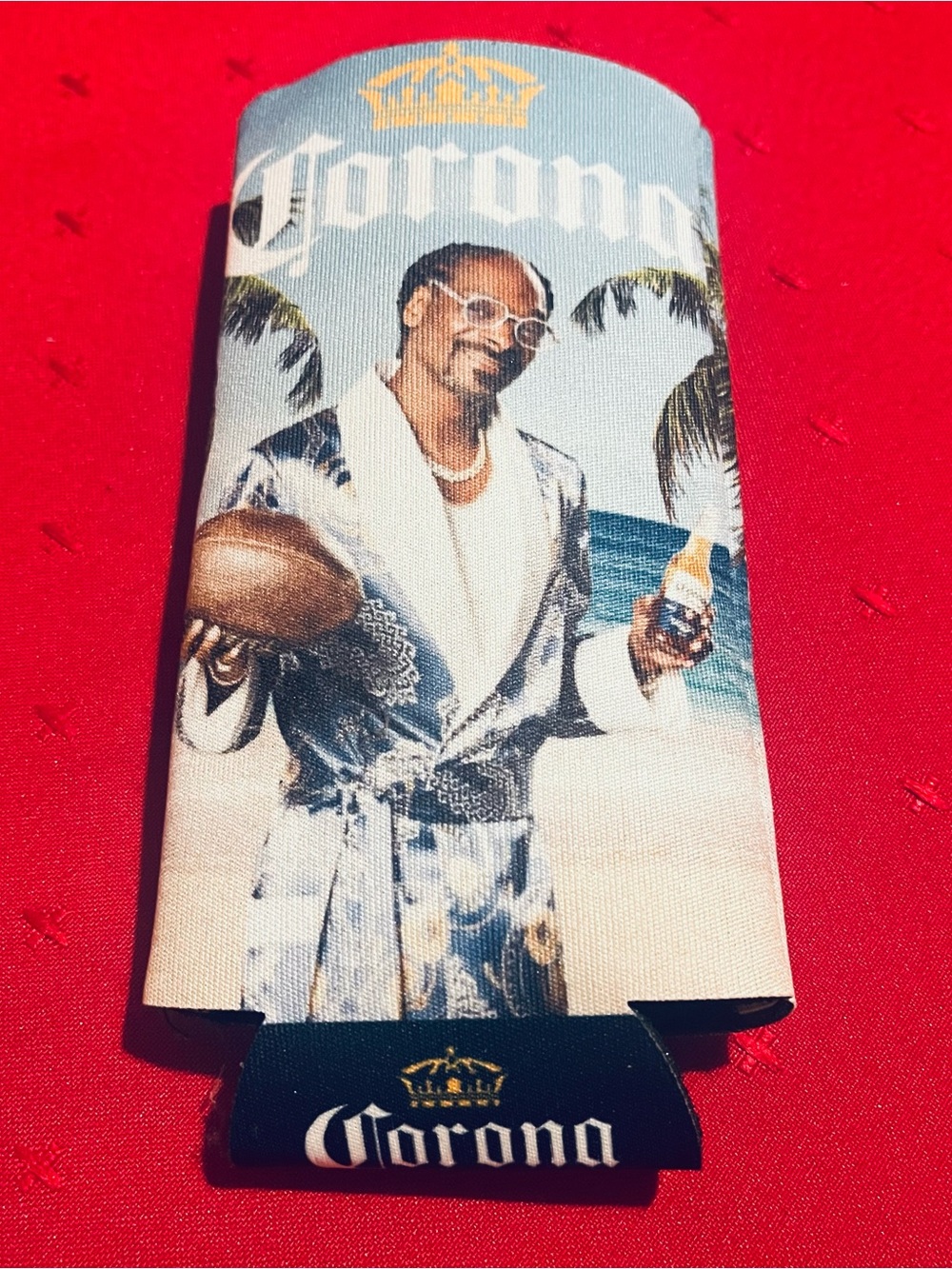 Corona beer can cooler (koozie) featuring a graphic of Snoop Dogg